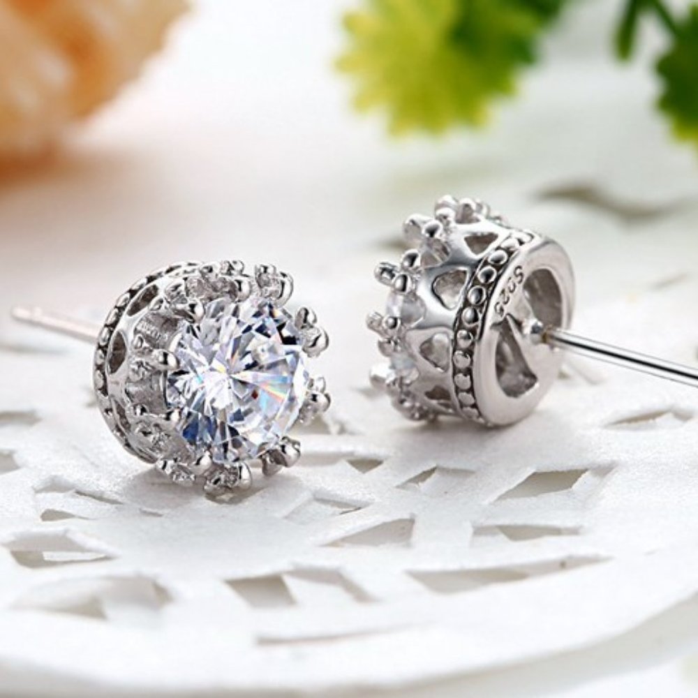 925 Sterling Silver Diamond Crown Stud Earrings